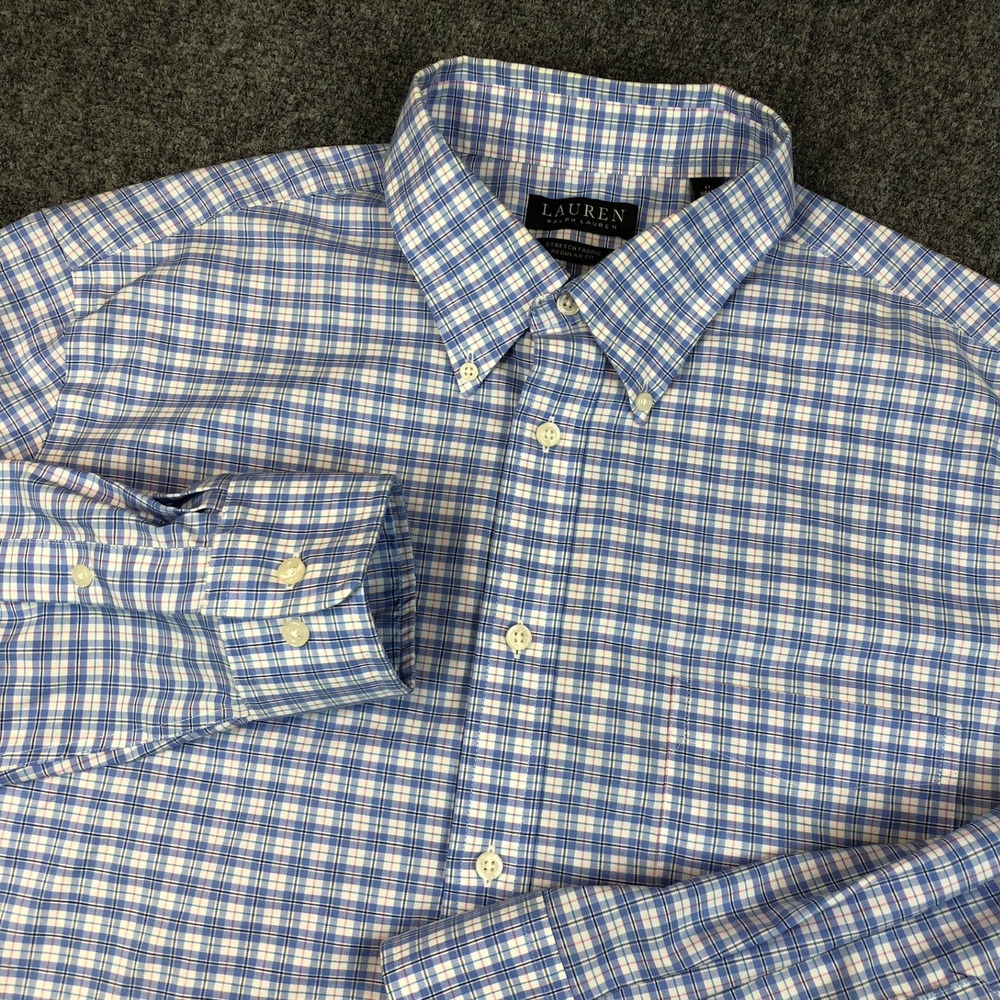 Lauren Ralph‎ Lauren Mens XL Blue White Plaid Stretch Regular Fit Dress Shirt 17